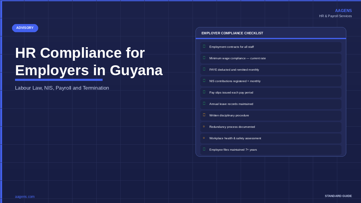 HR compliance checklist for employers in Guyana — employment contracts, NIS, PAYE, leave and termination obligations. AAGENS guide.