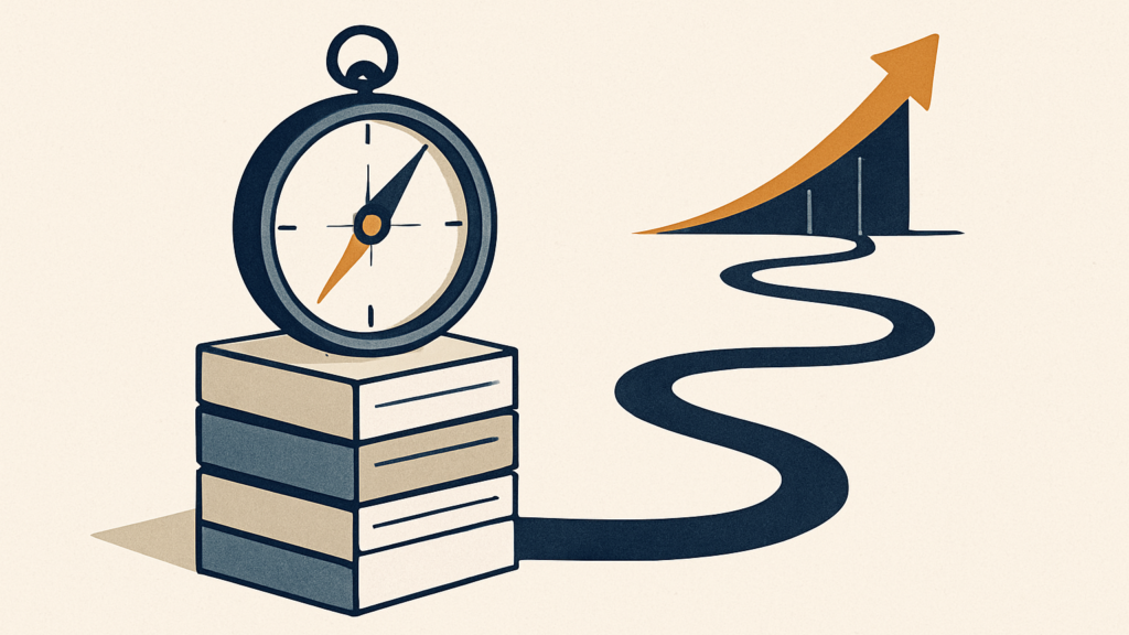 A single compass resting atop a tidy stack of ledger-like blocks, guiding a winding path toward a distant rising arrow.