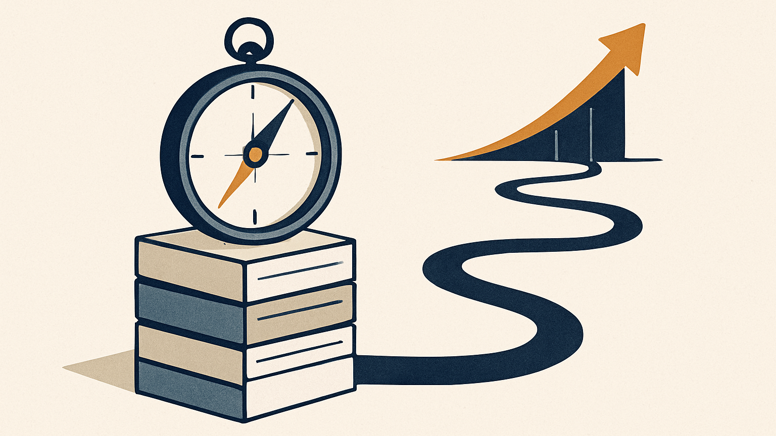 A single compass resting atop a tidy stack of ledger-like blocks, guiding a winding path toward a distant rising arrow.