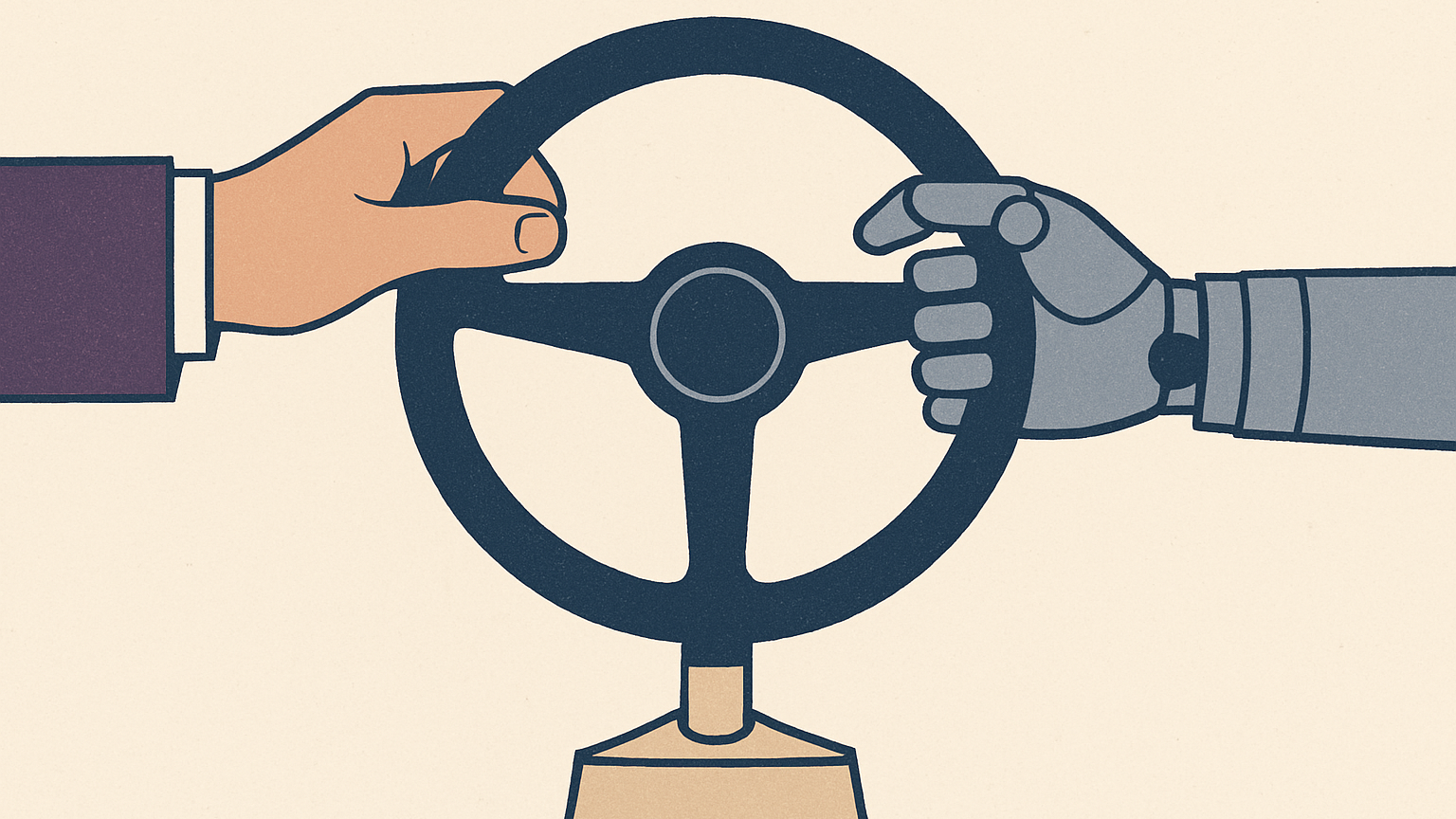 A human hand and a robotic hand both resting on opposite ends of a single steering wheel mounted on a pedestal.