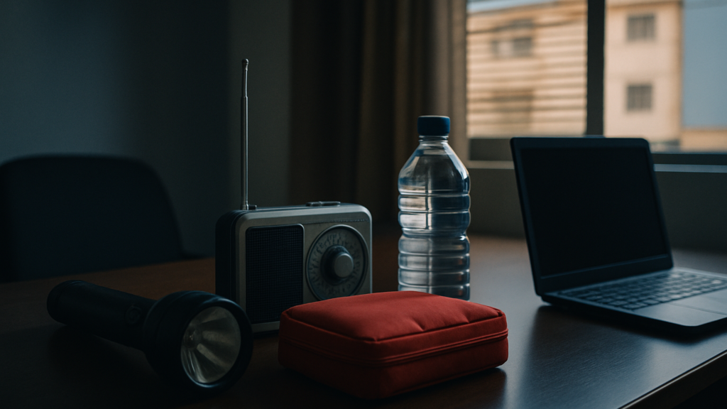 A flashlight, battery radio, first-aid kit, and bottled water arranged on a desk beside an unplugged office laptop durin