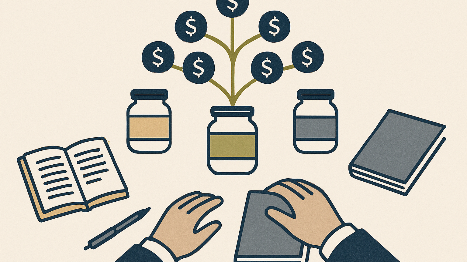 A business owner's desk viewed from above, showing a tree-shaped diagram of coins branching into labeled investment jars