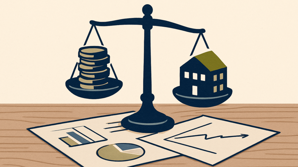 A balance scale weighing stacks of coins against a small company building block, set on a wooden desk with scattered fin