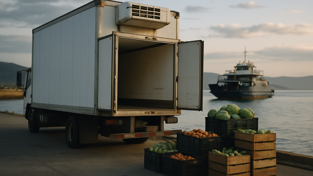 Refrigerated cargo truck at an inter-island ferry dock