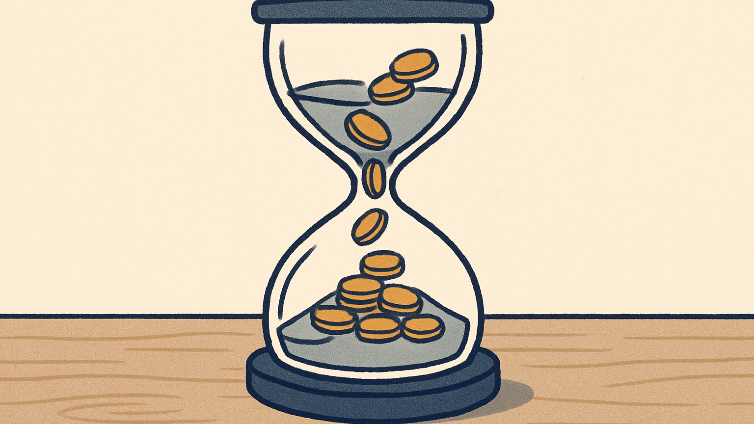An hourglass on a wooden desk with coins streaming through its narrow neck instead of sand, mid-flow.