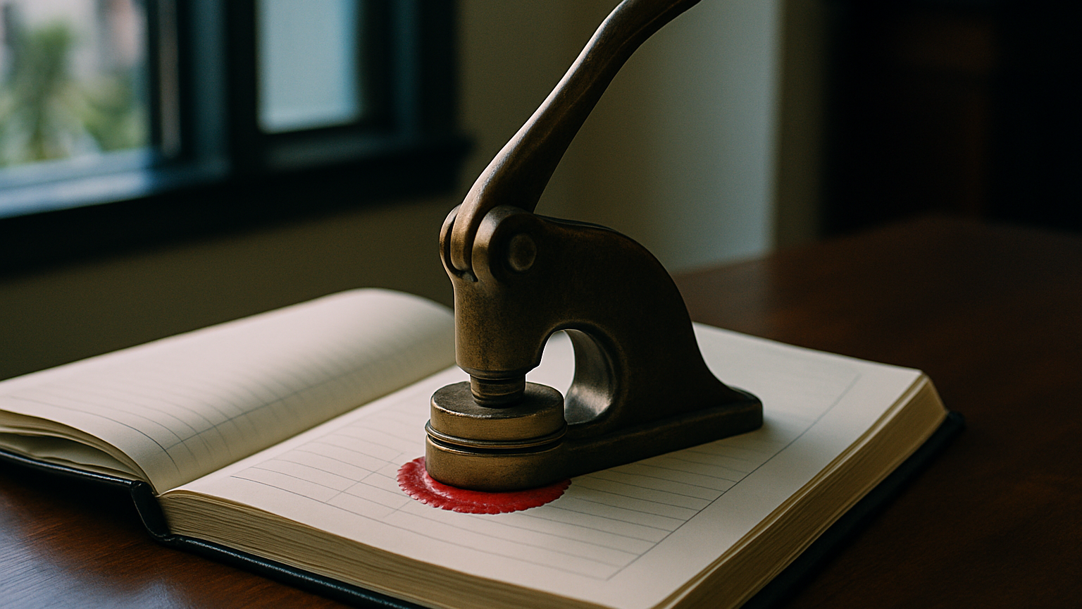 A brass company seal press stamping an embossed wax impression onto an open statutory minute book on a desk.