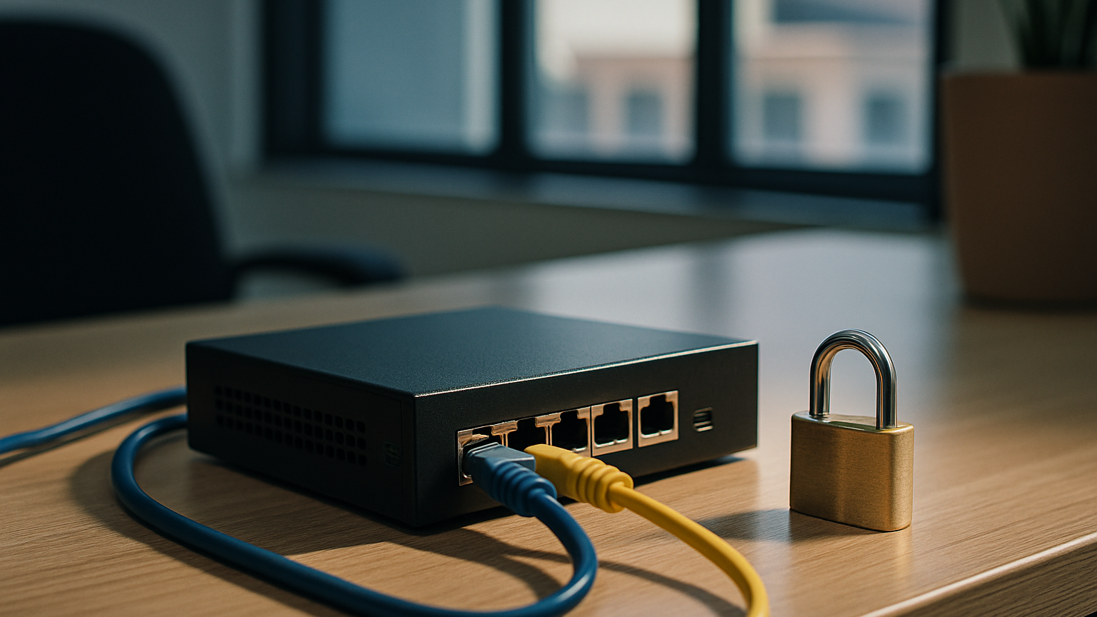 A small business router and firewall device on an office desk, ethernet cables connected, a padlock resting beside it.