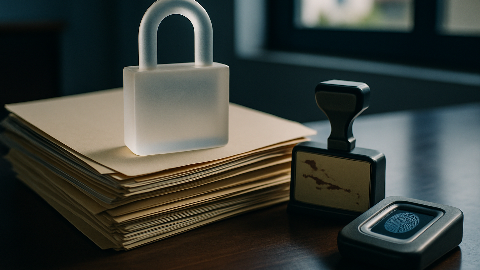 A translucent frosted-glass padlock resting atop a stack of client file folders beside a Caribbean-shaped stamp and biom