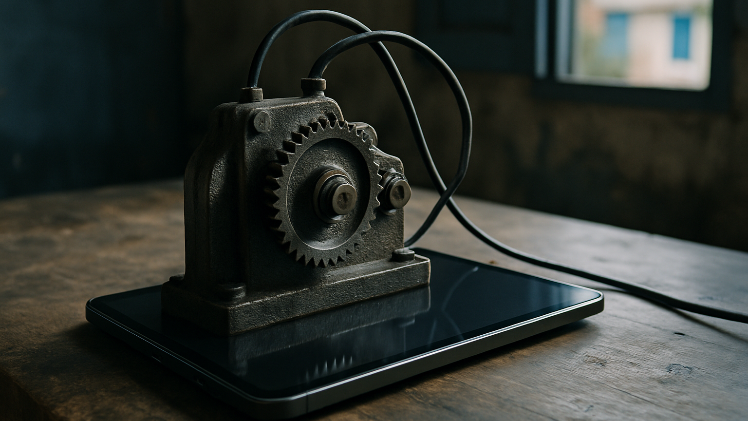 An old analog gear mechanism bolted directly onto a sleek modern touchscreen tablet, cables bridging the two halves on a