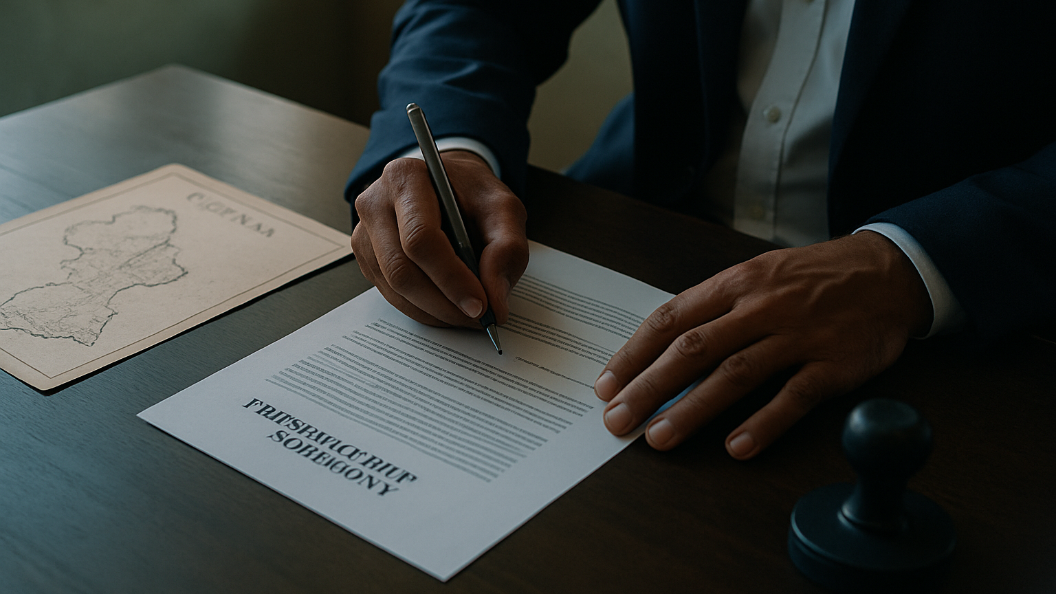 A businessman's hands signing a partnership agreement on a desk with a Guyana map and company registration seal nearby.