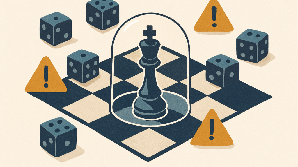 A chessboard viewed from above with a single king piece shielded by a translucent dome, surrounded by scattered dice and