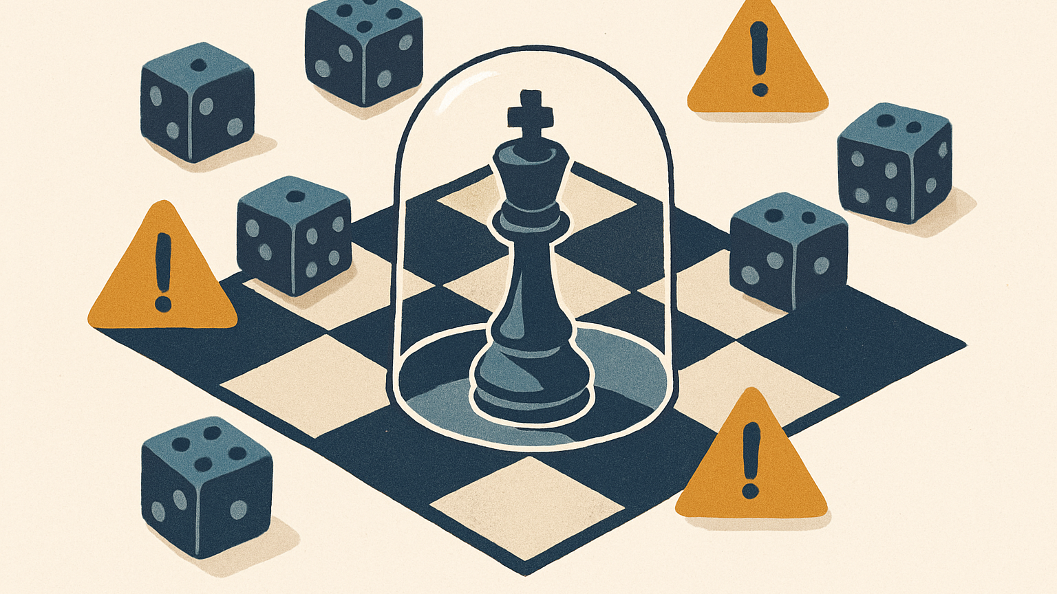 A chessboard viewed from above with a single king piece shielded by a translucent dome, surrounded by scattered dice and