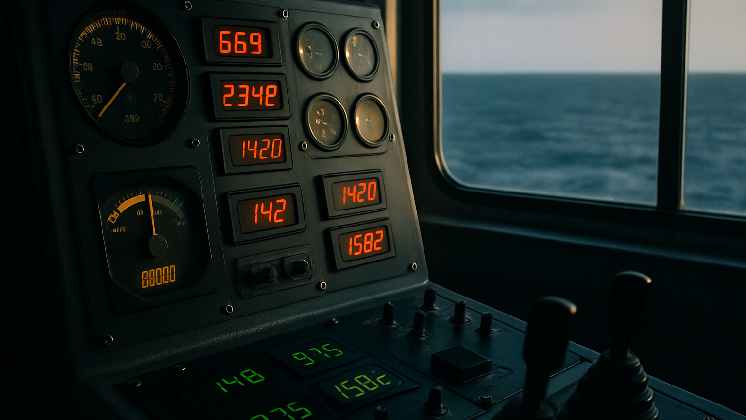 Close-up of a deep-sea drilling rig control panel with glowing sensor readouts, ocean horizon visible through a nearby w
