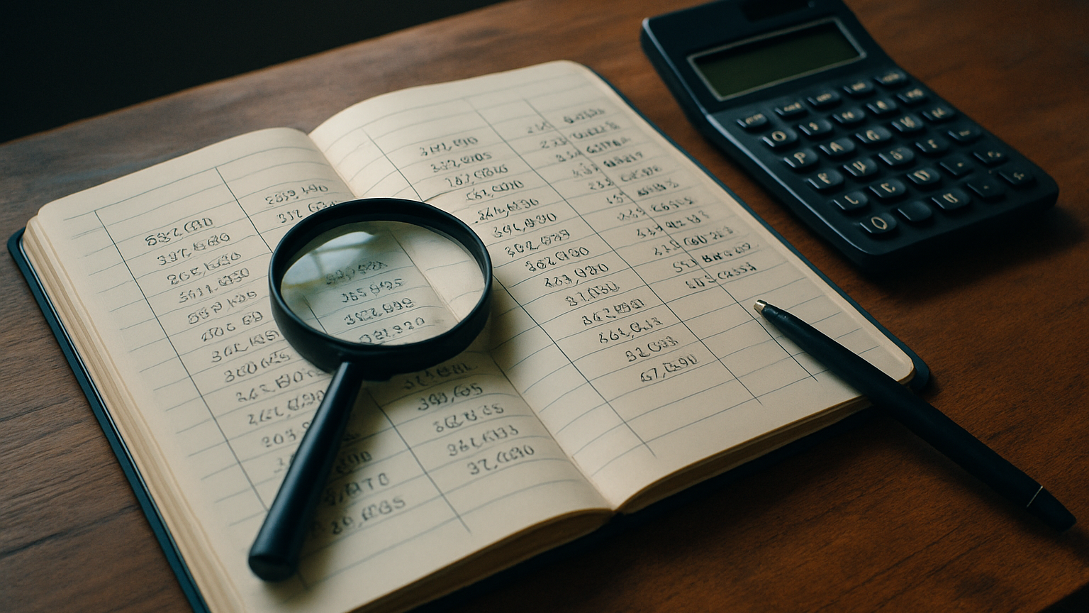 A financial ledger book lies open beside a magnifying glass, calculator, and pen, highlighting rows of handwritten reven