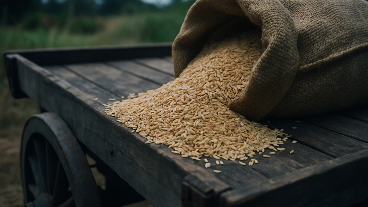 Freshly harvested rice grains spilling from a burlap sack
