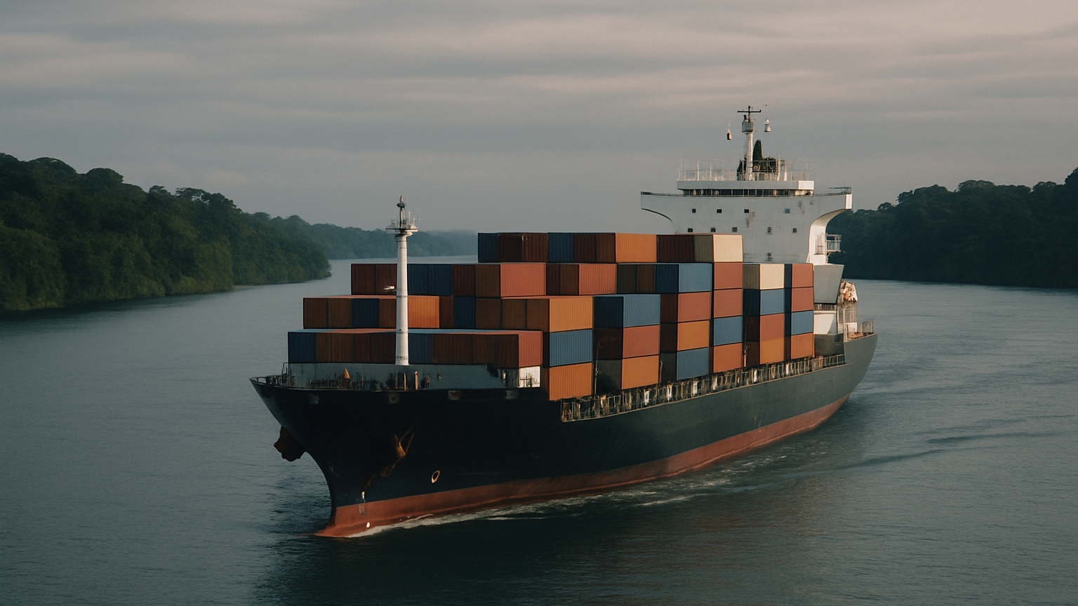 A cargo ship loaded with shipping containers navigating a wide river channel, dense tropical forest lining the distant b