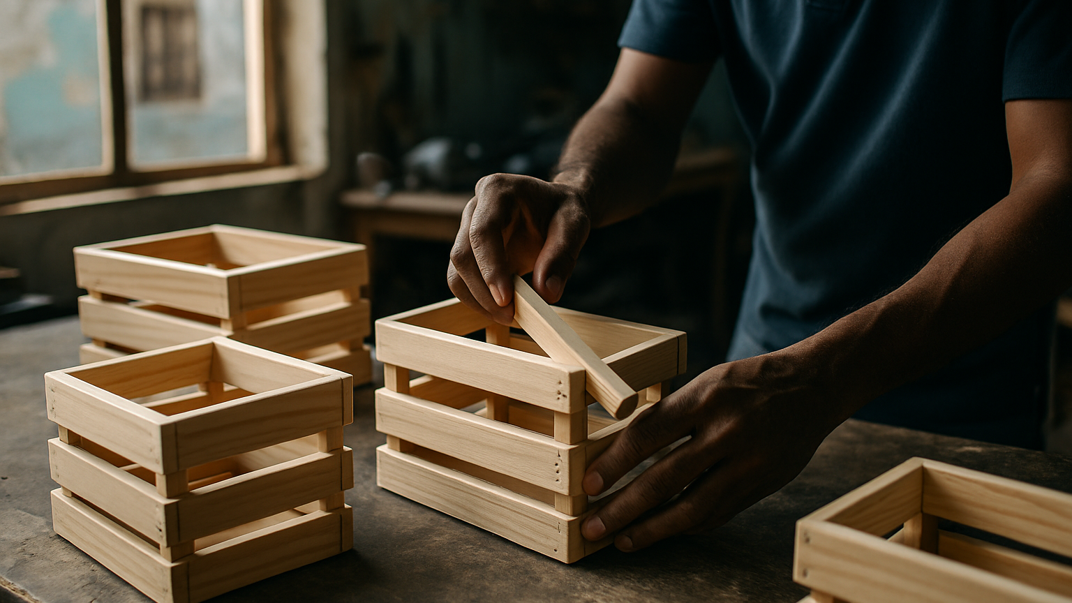 Hands assembling small wooden crates in a sunlit carpentry workshop