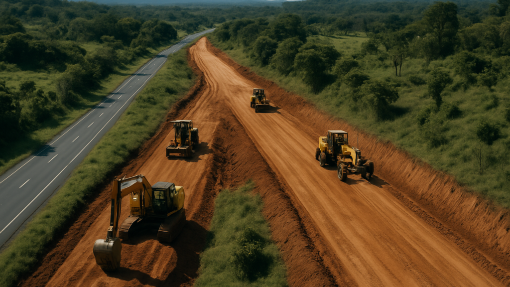An aerial view of a highway construction site with yellow excavators and graders carving a new road through green terrai