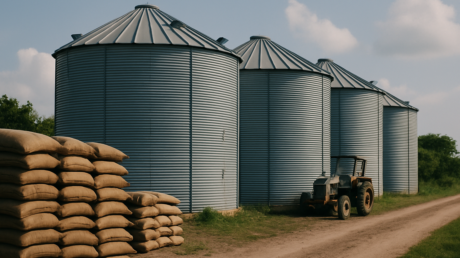 Rows of corrugated grain storage silos beside a farm access road, stacked burlap sacks and a tractor visible nearby.