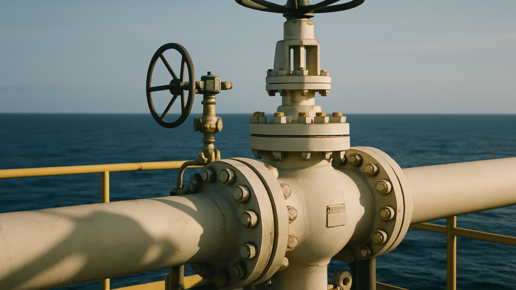 A close-up of a large natural gas pipeline valve assembly on an offshore platform deck, ocean horizon stretching behind
