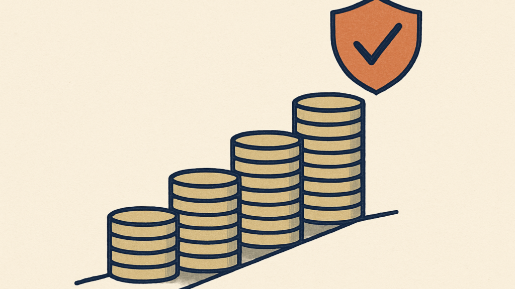 A rising staircase of stacked coins ascending toward a shield-shaped marker, symbolizing an improved national risk ratin