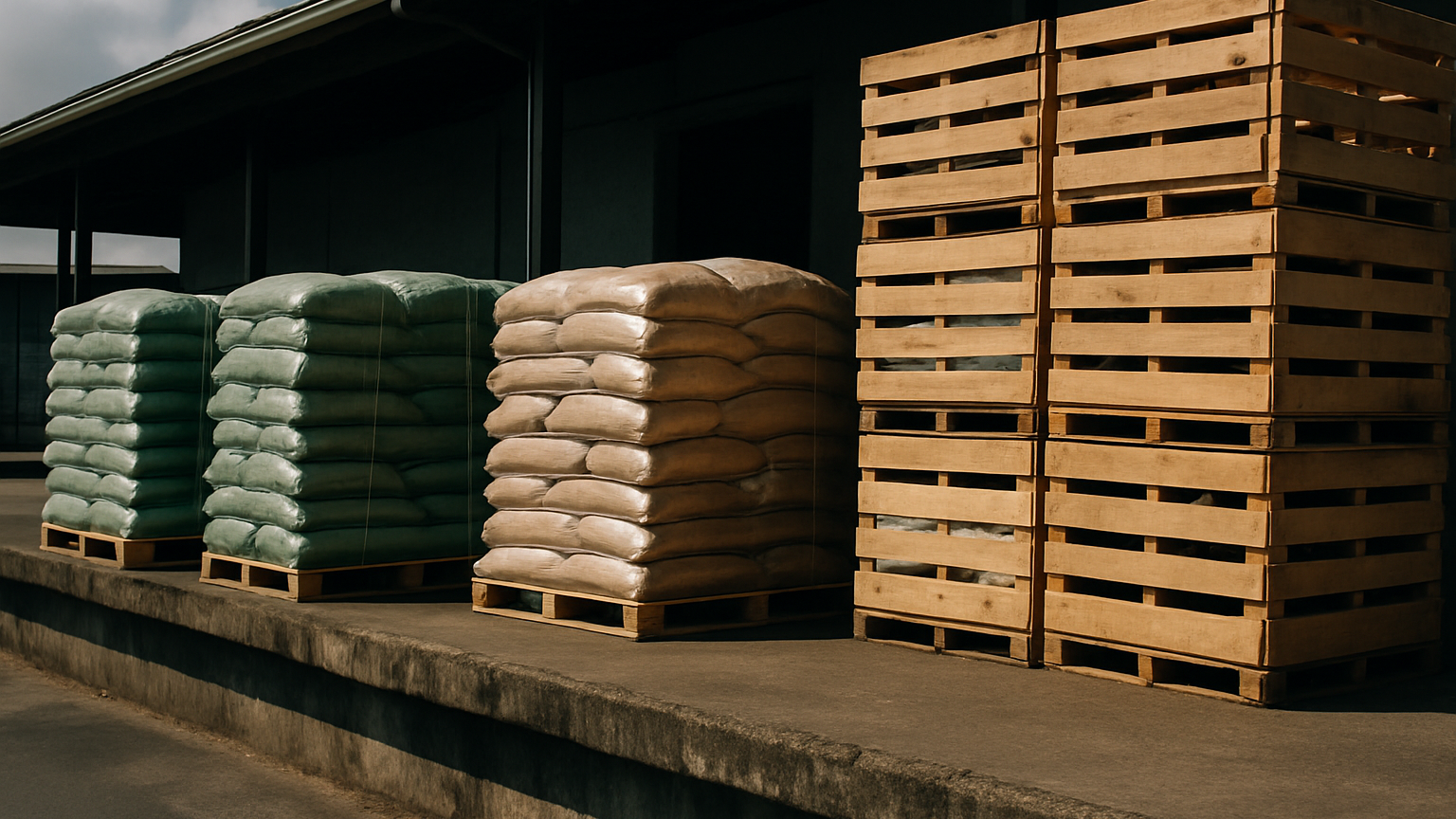 Pallets of packaged agricultural goods and timber crates stacked on a warehouse loading dock, ready for export inspectio