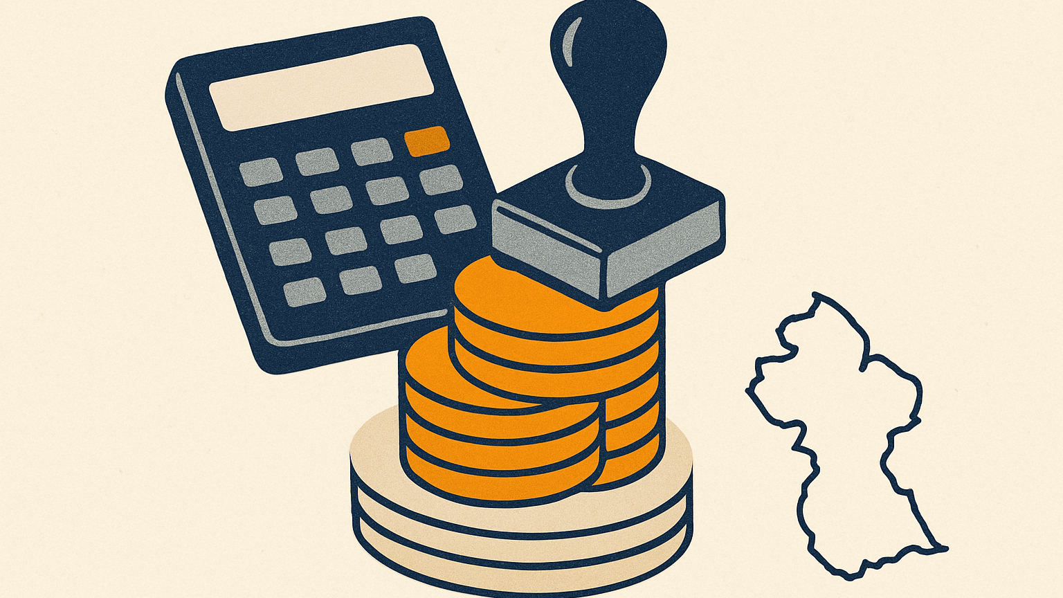 A calculator and rubber stamp resting on a stepped stack of coins beside a small Guyana outline icon, viewed from above.