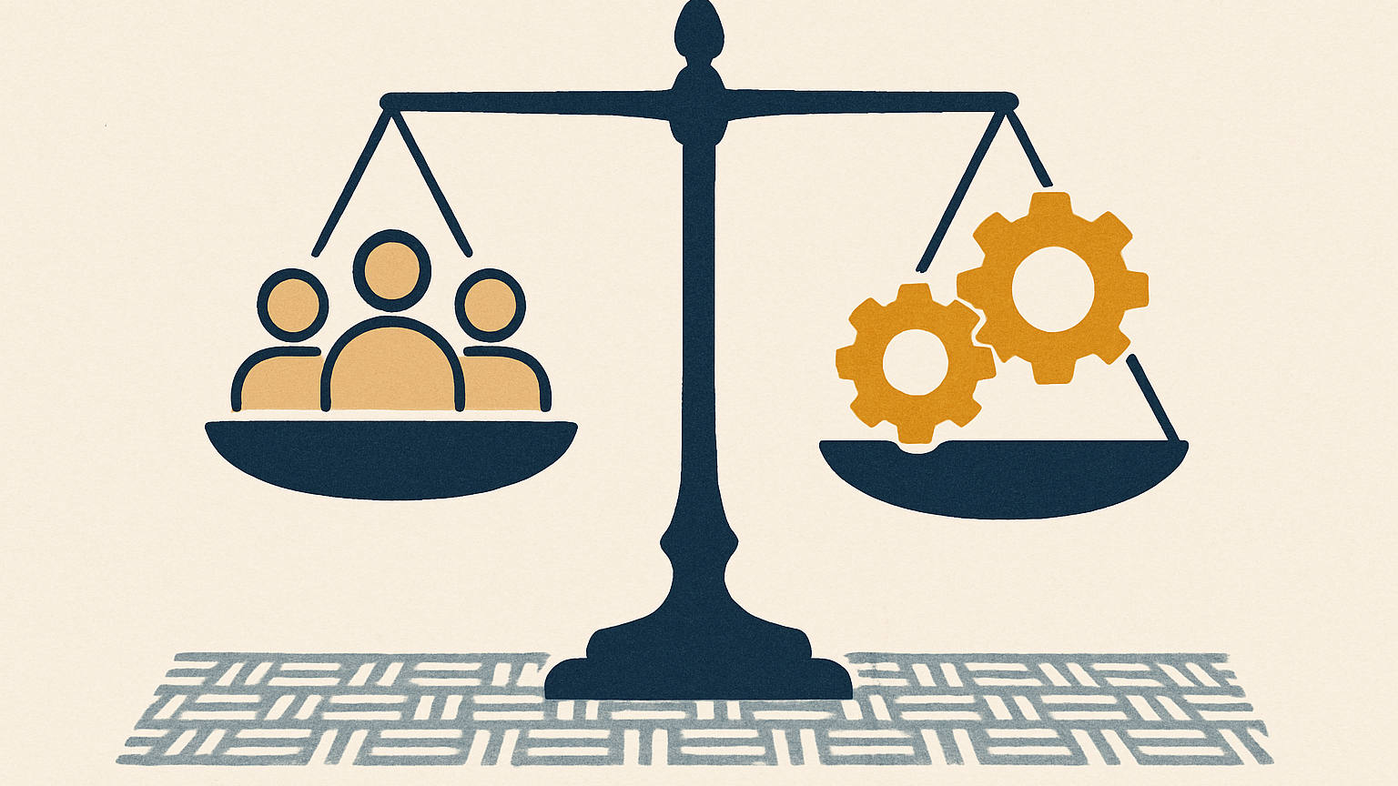 A balanced scale with employee icons on one side and gear-shaped policy tokens on the other, resting on a woven textile