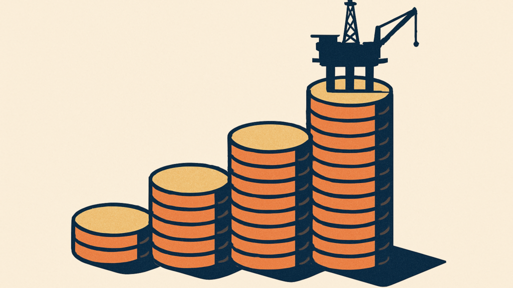 an isometric stepped bar chart made of stacked gold coins rising left to right, with a small offshore oil platform silho