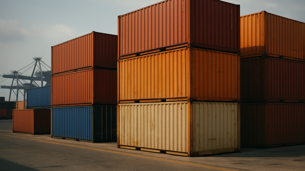 Stacked cargo containers at a busy port dockside with cranes behind