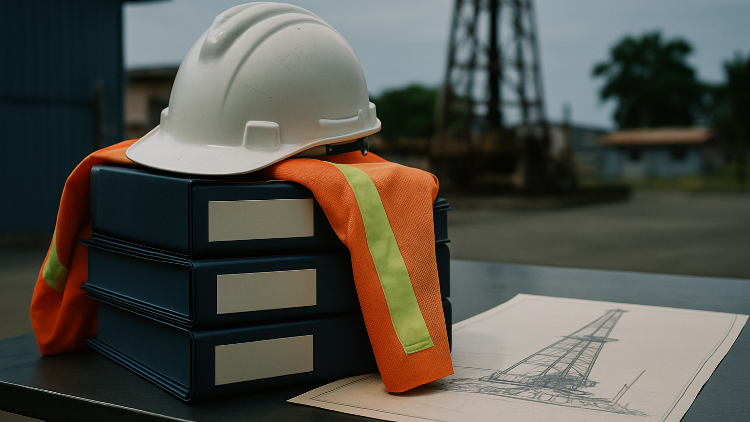 A hard hat and safety vest draped over a stack of local content registration binders beside an oil rig blueprint on a st
