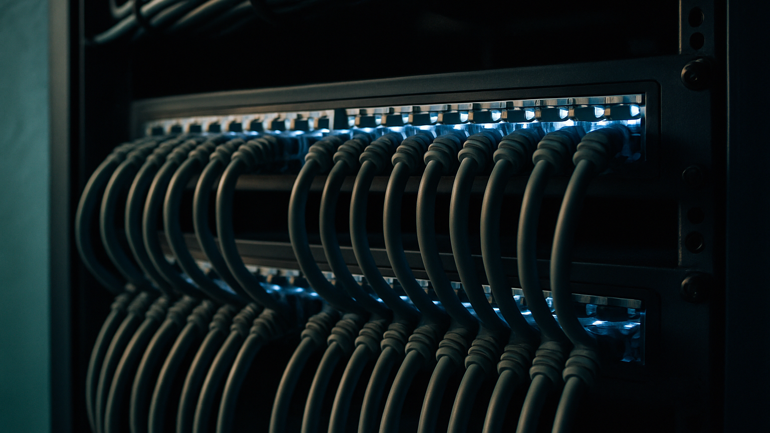 Close-up of a server rack patch panel with neatly bundled ethernet cables plugged into glowing blue switch ports.