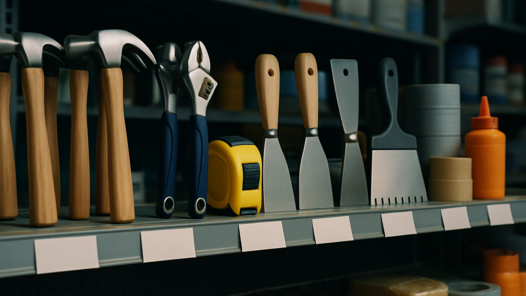 A row of brand-new hardware tools and construction supplies neatly arranged on a hardware store shelf, price tags blank,
