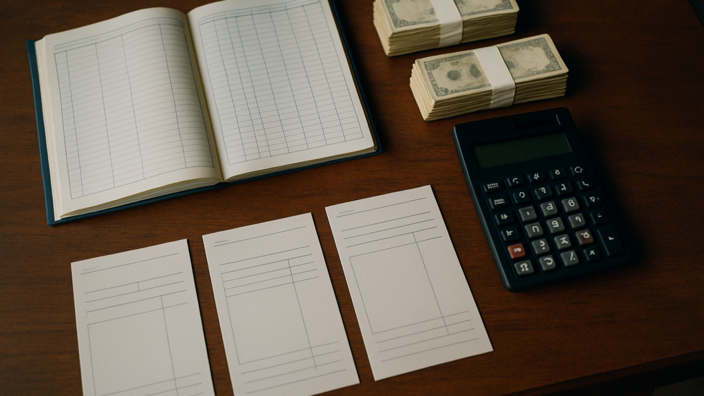 Overhead view of a payroll ledger, calculator, stacks of currency notes, and pay stubs arranged neatly on a wooden table
