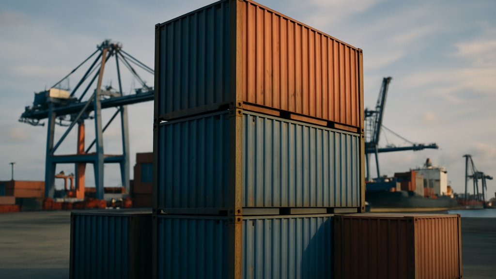 A stack of steel shipping containers at a busy port yard, cranes and cargo ships blurred in the background, shot low-ang