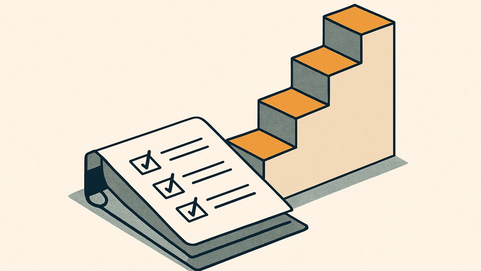 A single open binder with checklist pages transforming into ascending stair-step blocks, symbolizing readiness building