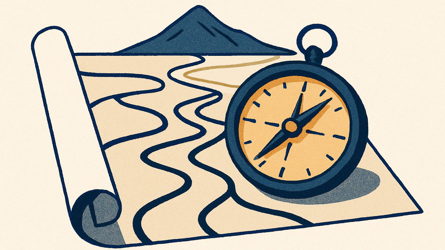 A compass resting atop an unrolled map of winding roads converging toward a distant mountain peak on the horizon.