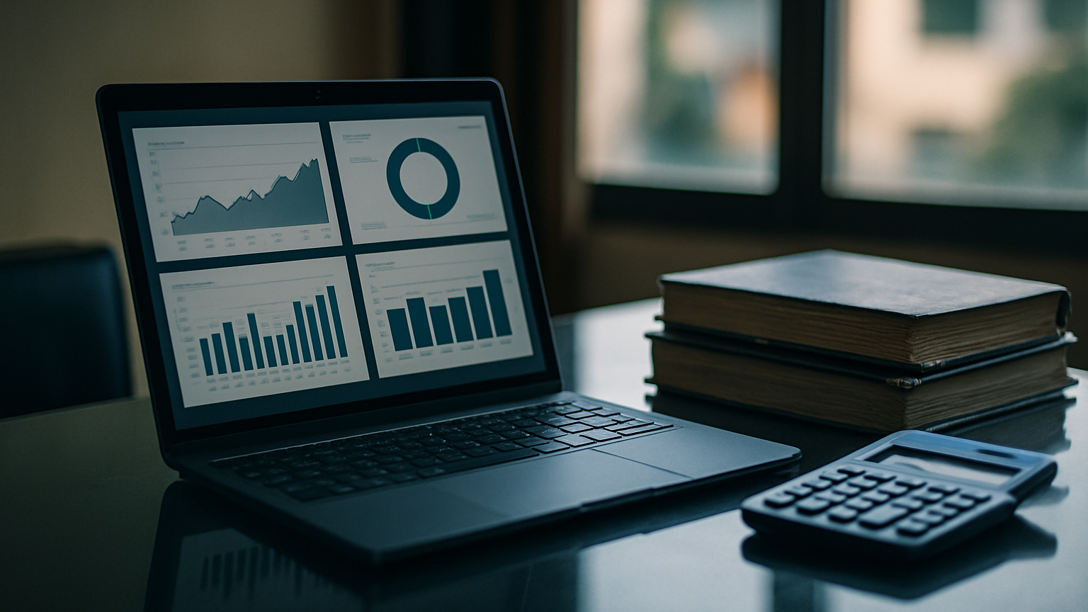 A laptop displaying financial dashboards sits beside a calculator and stacked ledgers on a reflective glass desk, soft s