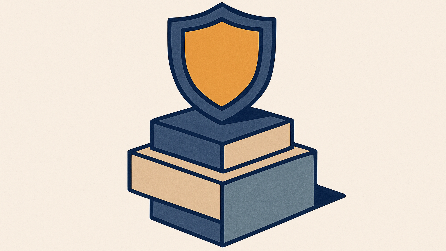 A stylized shield emblem resting atop a stack of layered geometric blocks, symbolizing protection and structural busines