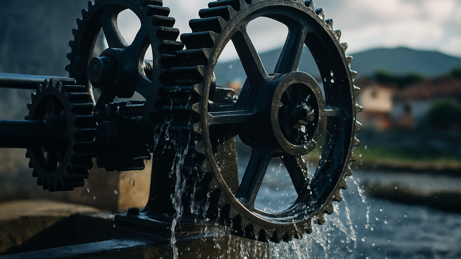 A mechanical gear-driven water pump wheel mid-rotation, cogs interlocking smoothly, droplets flung outward, symbolizing